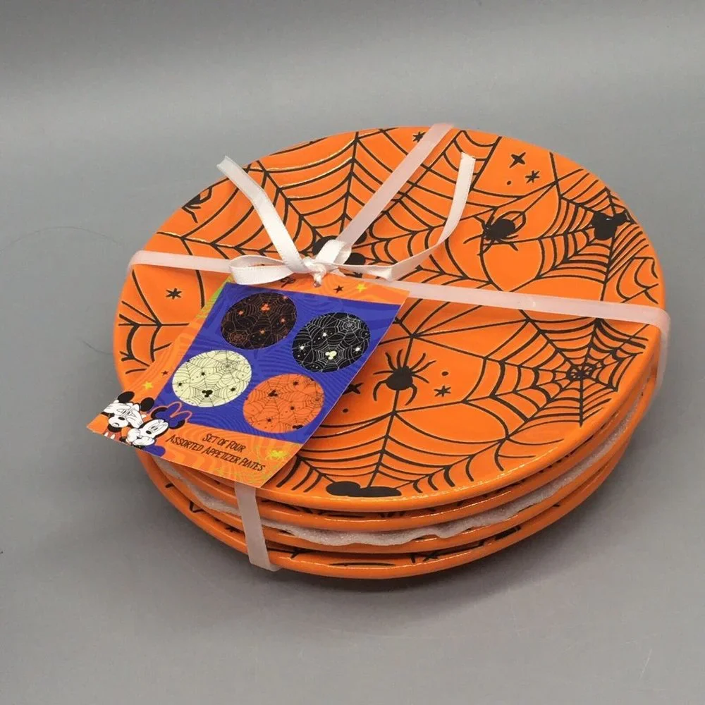 x4 Zrike DISNEY Halloween MICKEY MOUSE Orange Spiderweb Plate Set Appetizer NEW